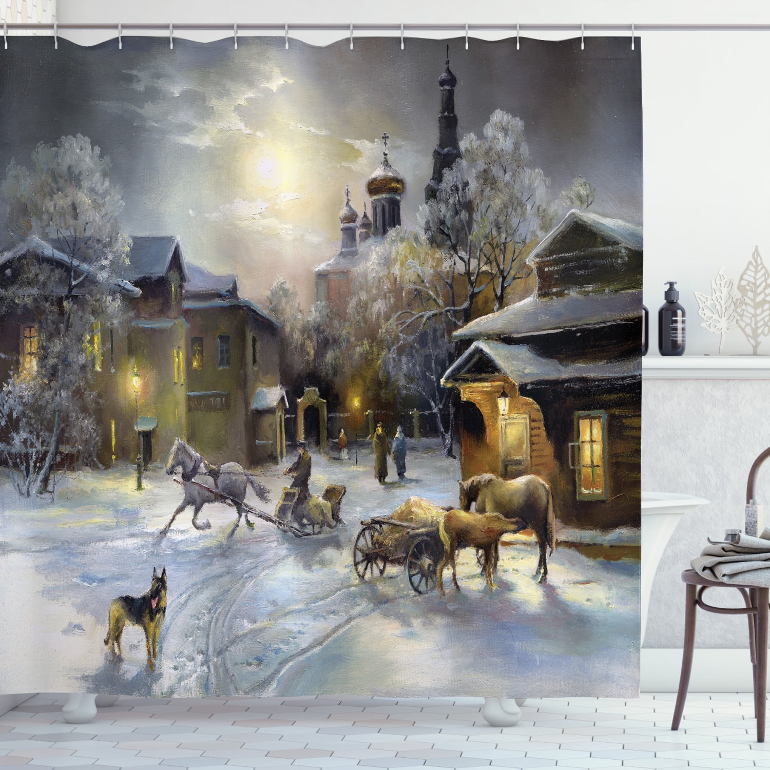Country Decor Shower Curtain Set, Winter Landscape Of A Western Town At Night In New World Rurals In Retro Style Art Print Deco, Bathroom Accessories, 69W X 70L Inches, By Ambesonne