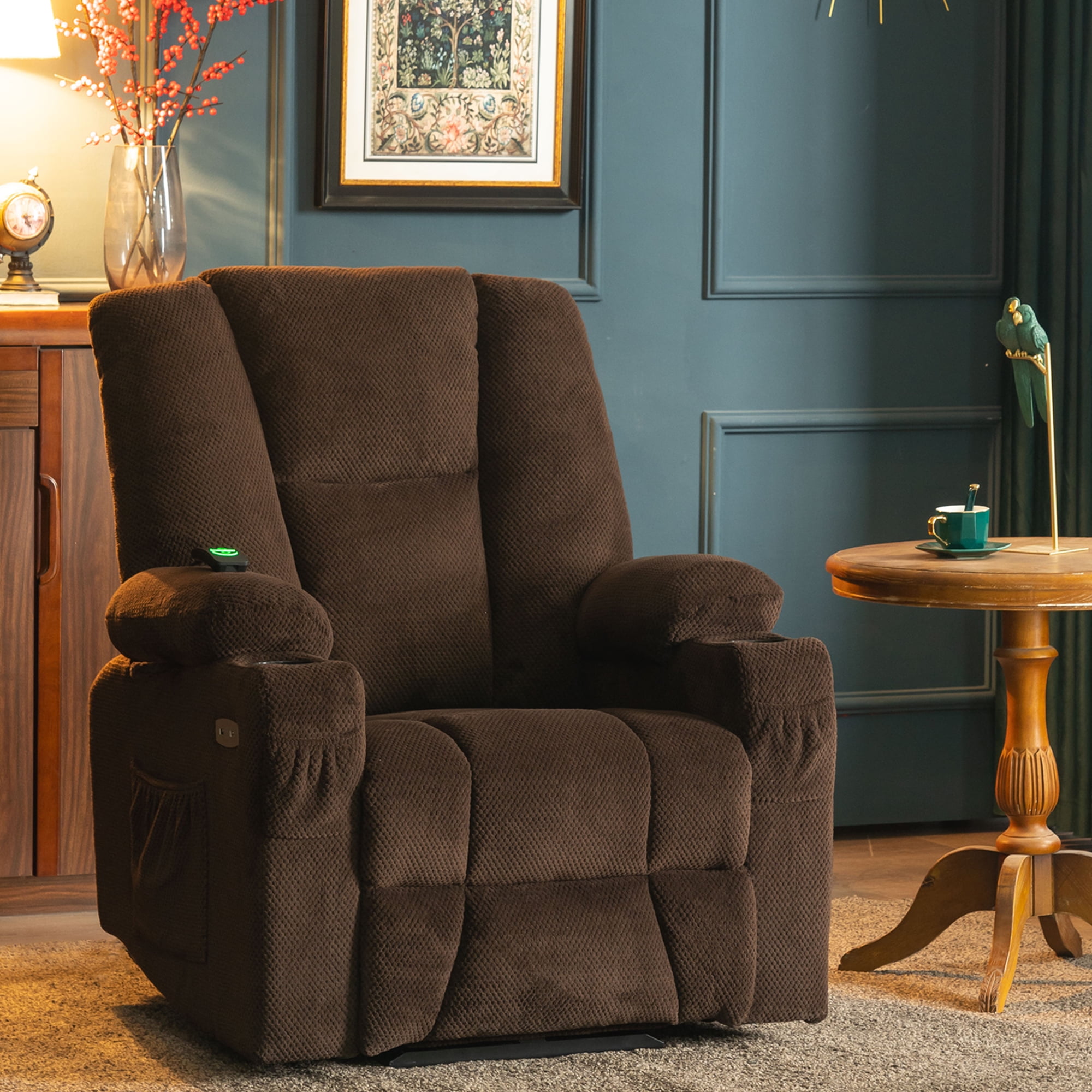MCombo Electric Power Recliner Chair with Massage & Heat, Extended Footrest, USB Ports, 2 Side & Front Pockets, Cup Holders, Brown Plush Fabric 8015