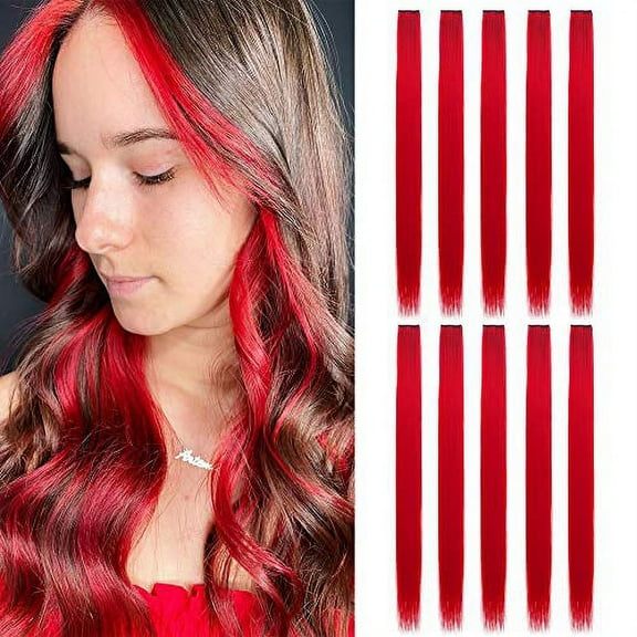 20 Inch Colored Clip in Hair Extensions 10pcs Straight Hair Synthetic Hairpieces for Party Highlight Red