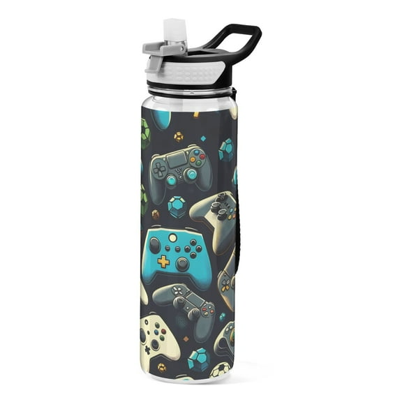 Gaming Controller Sports Water Bottle with Straws 32 Oz Tritan Clear Bottles BPA Free Leakproof Cup for Outdoor School Gym Fitness