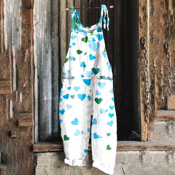 BLTIBY Womens Valentine's Day Jumpsuits Heart Love Printed Adjustable Straps Overall Rompers Oversized Fashion Wide Leg Jumpsuit with Pockets Blue 3XL