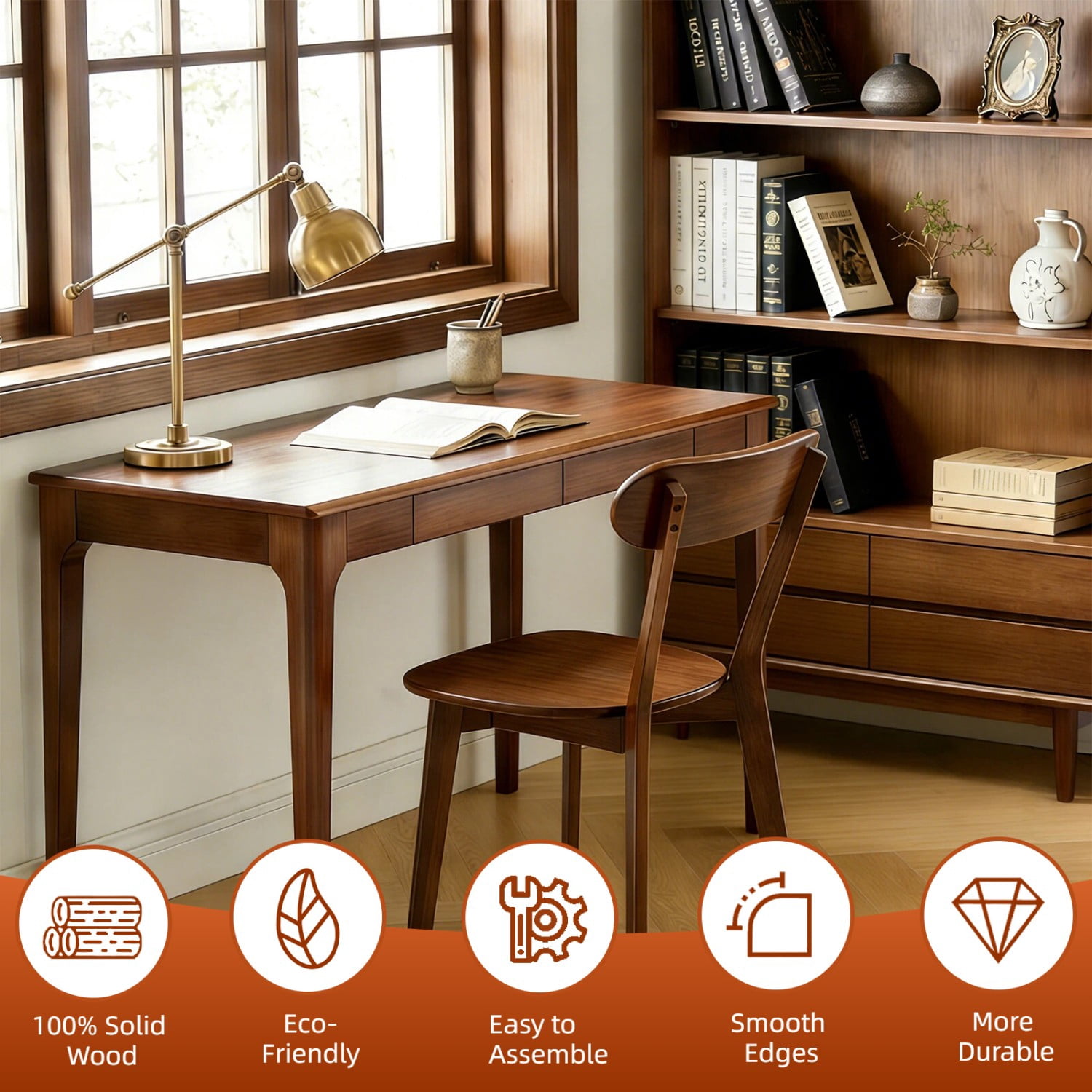 100% Natural Solid Wood Dining Chairs Set of 2 Mid Century Modern Kitchen Chairs with Curved Backrest Adjustable Foot Pads Walnut Dining Room Living Room Study Chairs, Walnut