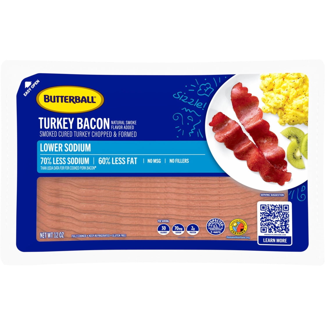 Butterball Lower Sodium Smoke-Cured Turkey Bacon, 12 oz, Gluten Free, No MSG
