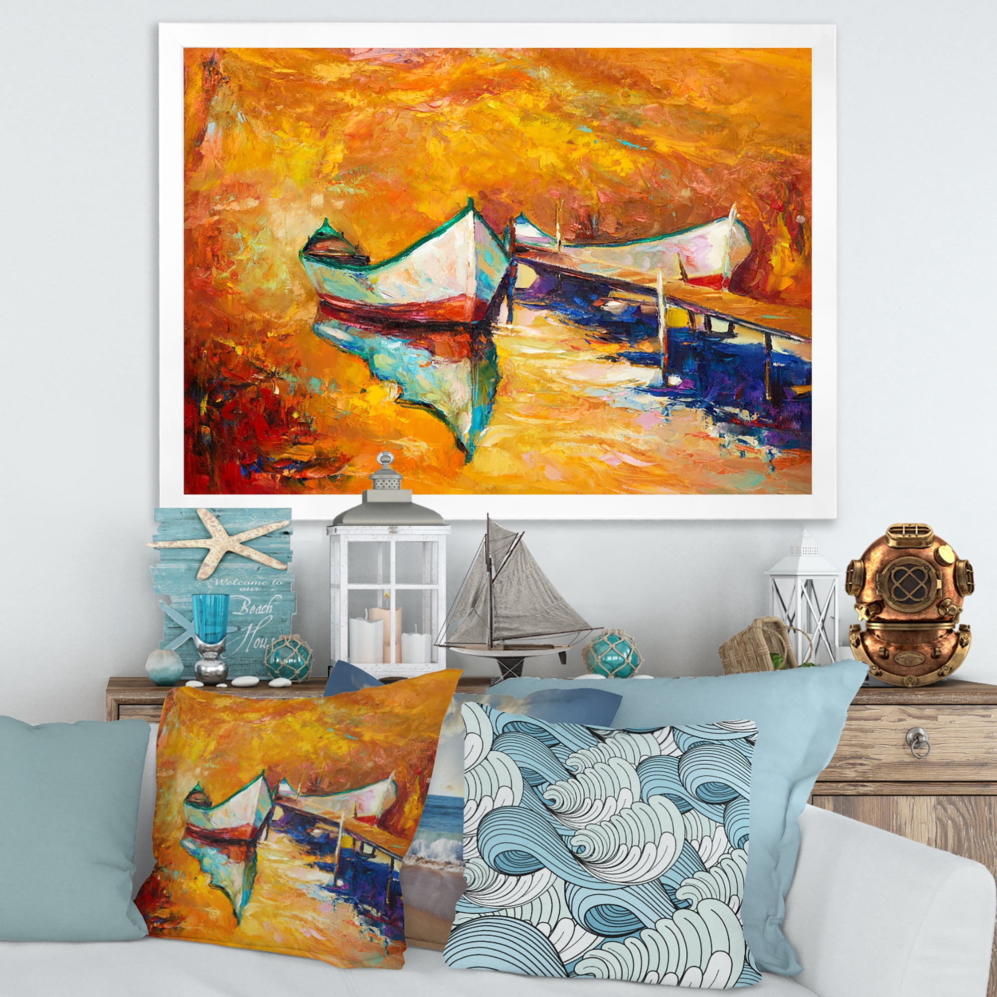 Little Boat During Warm and Orange Evening 32 in x 24 in Framed Painting Canvas Art Print, by Designart