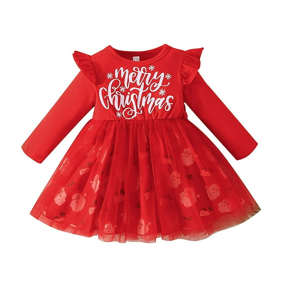 Mercatoo Toddler Baby Girls Christmas Dress Red 𝐑uffle Long Sleeve Letter Print Tulle Mesh Dress Fall Winter P𝐚rty Xmas Outfit