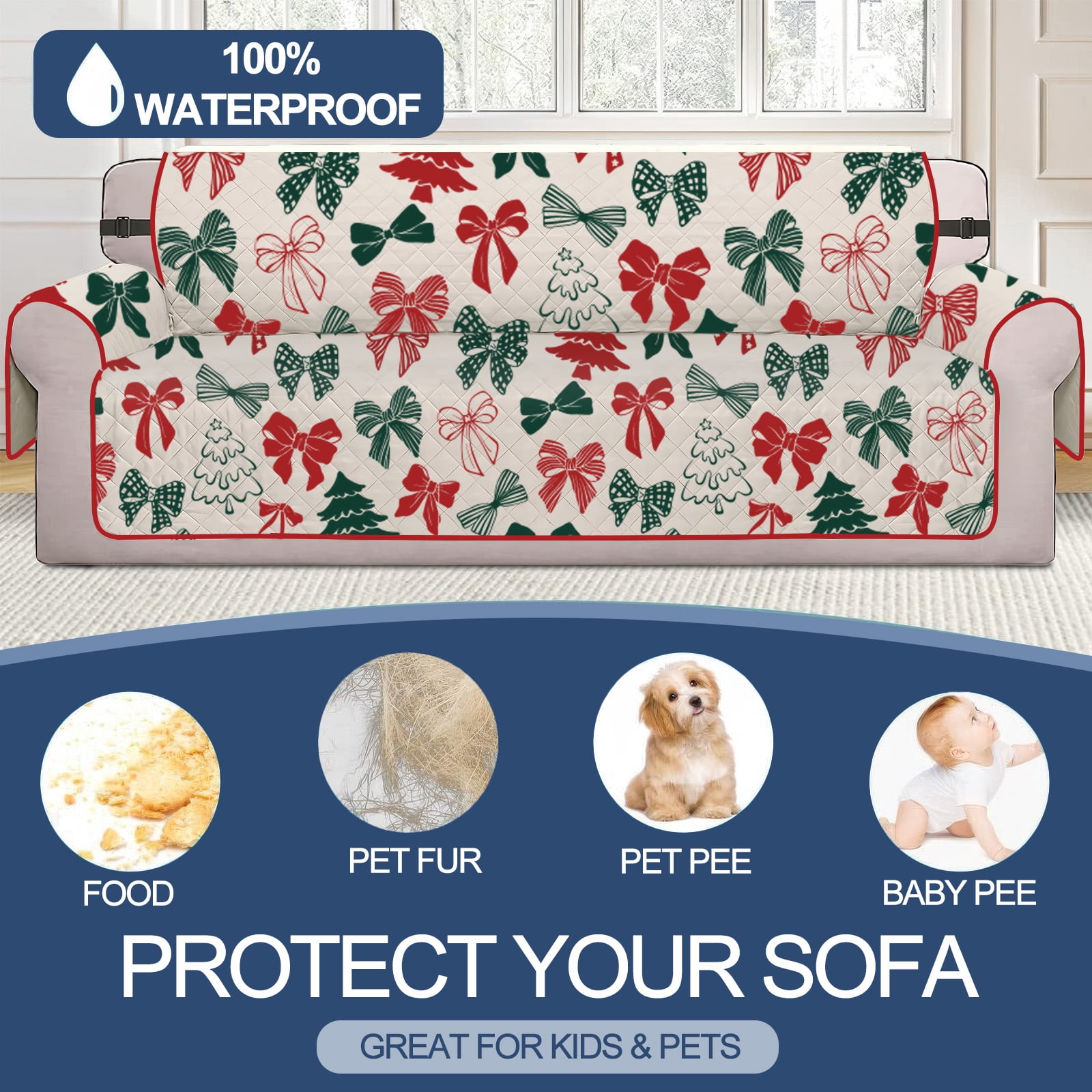 Sanmadrola Christmas Sofa Cover Waterproof Slipcover Couch Cover Furniture Protector Machine Washable Non Slip Leakproof with Straps for Dogs Kids Pets Christmas Indoor Decoration Bow Oversized Sofa