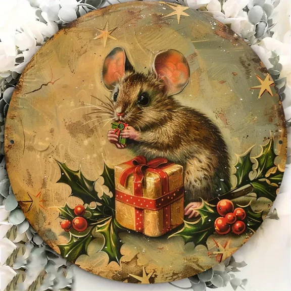 Vintage Christmas Mouse Metal Sign -  Tin Wall Art for Home Cafe Garage, Weatherproof Indoor/Outdoor Festive Decor