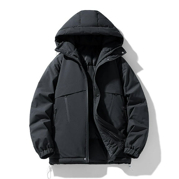 GuangCheng Mens Jacket Waterproof Ski Windproof Zippered Hooded Button Stand Collar Winter Thick Fleece Warm Coats