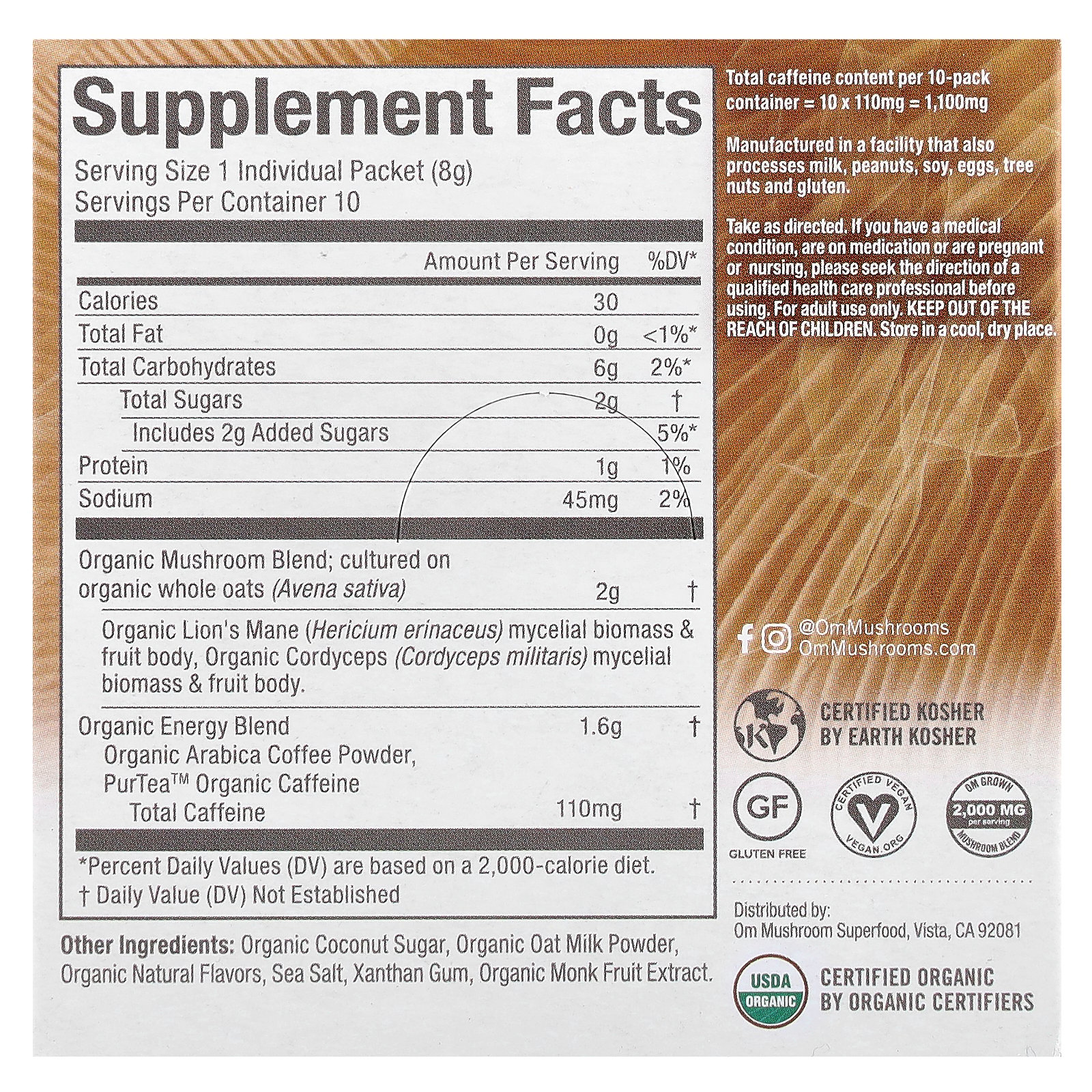 Organic Mushroom Nutrition Mushroom Coffee Latte Blend 10 Pkts