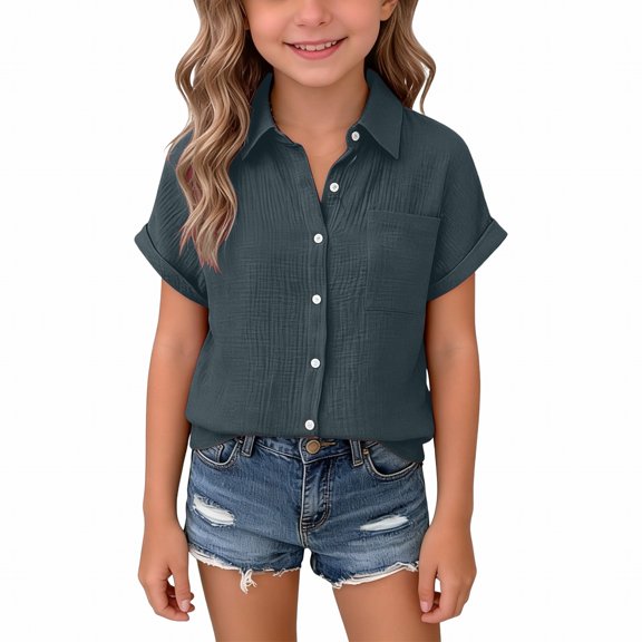 CPNG Girls Daily Casual Lapel Shirt Solid Color Short Sleeve Comfortable Breathable Loose Lapel Buttoned Shirts(Navy,11-12 Years)