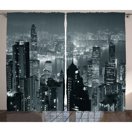 City Curtains 2 Panels Set Aerial Night Of View Hong Kong Skyline