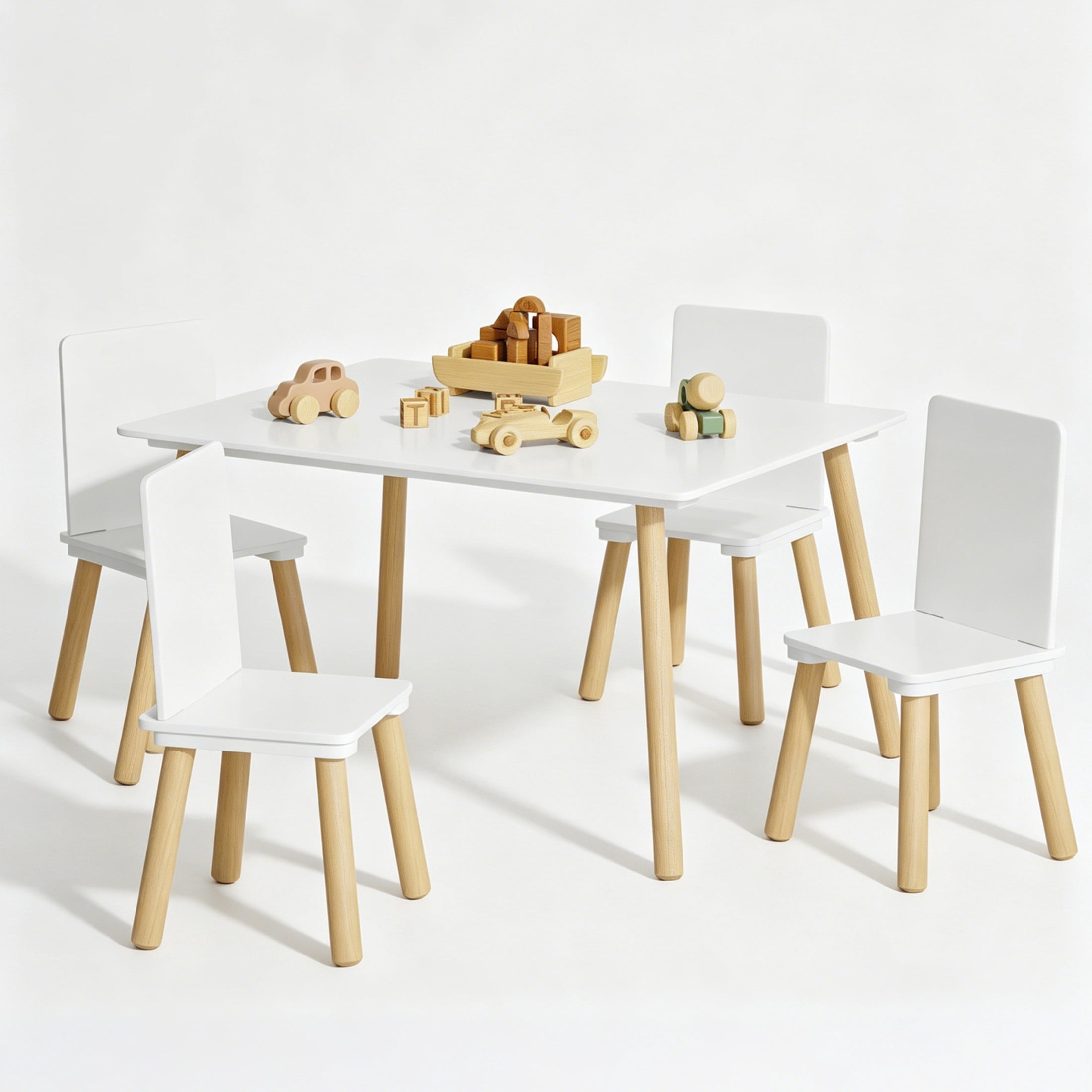 Noble House Kilby 5-Piece Kids Toddler Table & 4 Chairs Set, Square Backrest Wooden Activity Play Set, White & Natural