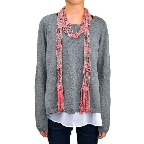 Crocheted Beads Bling Scarf with Fringe (Coral)