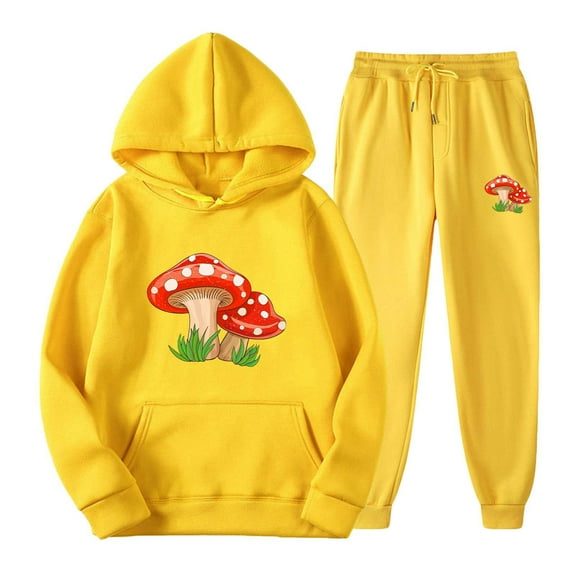 Xysaqa Men Women Two Piece Hoodies Sweatsuit Outfits Casual Cute Mushrooms Print Pullover Sweatshirt Jogging Suits Unisex Sports Set Tracksuit