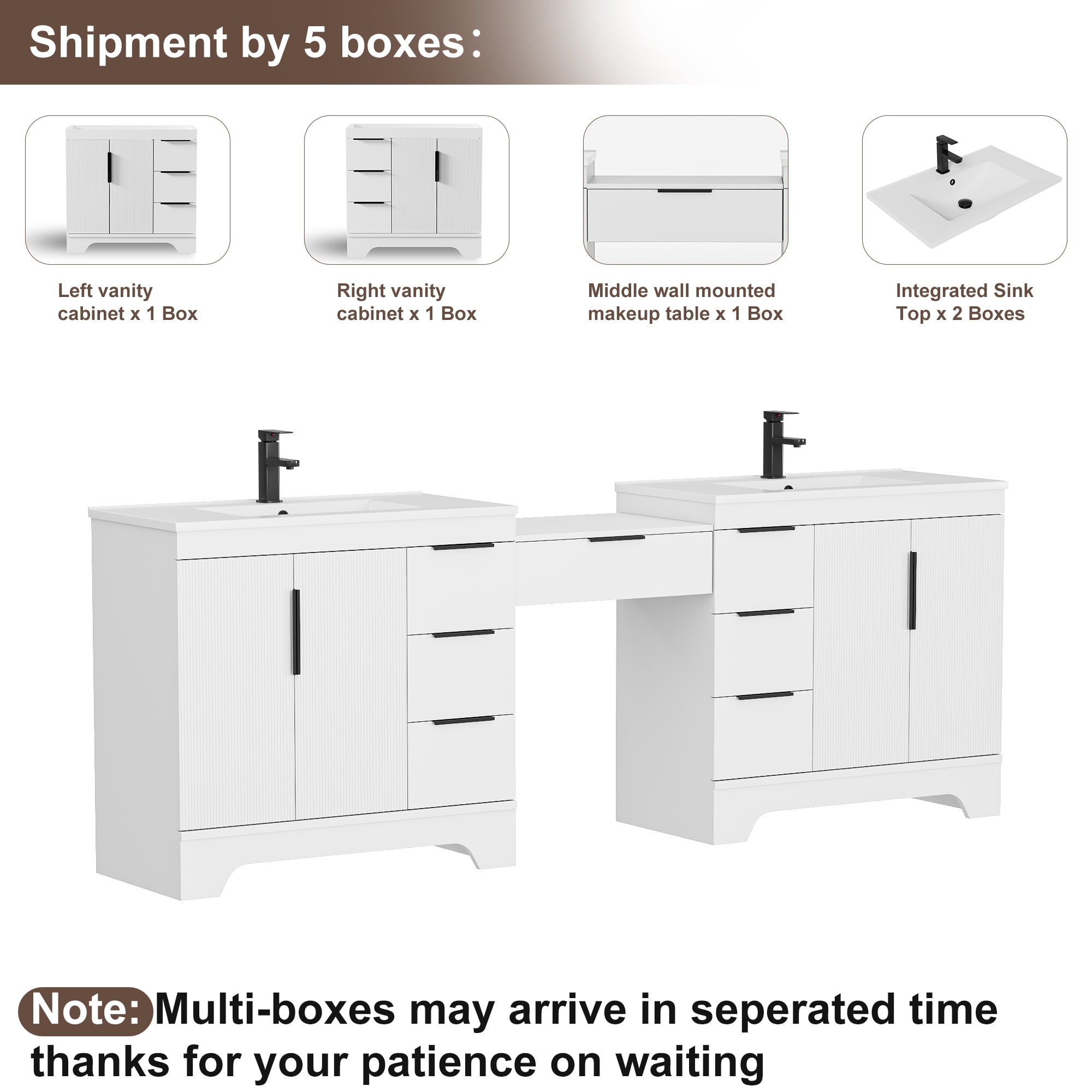 Eclife 96'' Bathroom Vanity with Double Integrated Sink, Wall-Mounted Makeup Table, Soft-Close Doors