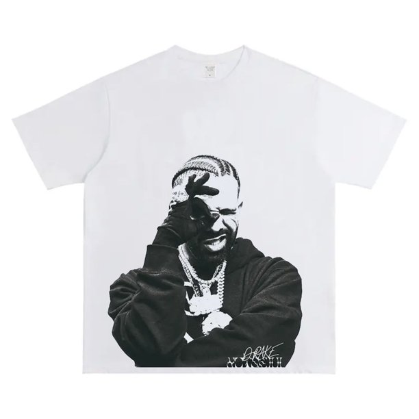 Camiseta de manga corta estampada del rapero americano de Drake 2025 para hombre, manga corta holgada de algodón puro pesado con cuello redondo