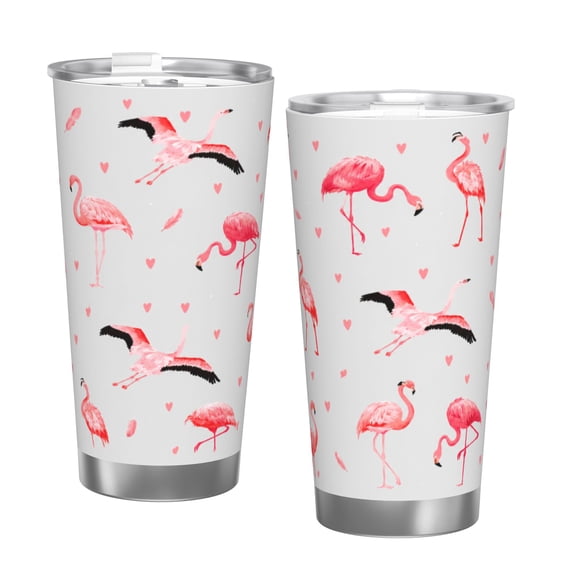 20oz Pink Flamingo Hearts Insulated Tumbler with Straw Cute Love Birds Travel Cup Gift for Her with Single Silver Rim