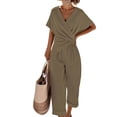 thumbnail image 3 of Women'S Outfits V Neck Cap Sleeve Crop Top Wide Leg Pant Sets Khaki S, 3 of 7