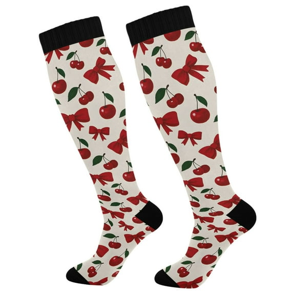 joogoo Cherry Fruits Bow Compression Socks Women Men Knee High Sock