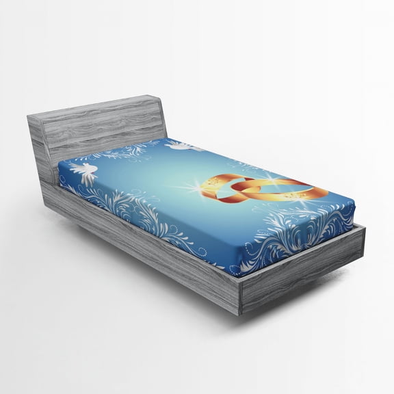 Ambesonne Blue Fitted Sheet, Ornament Frame Doves Rings, Twin XL Size, Blue White Pale Caramel