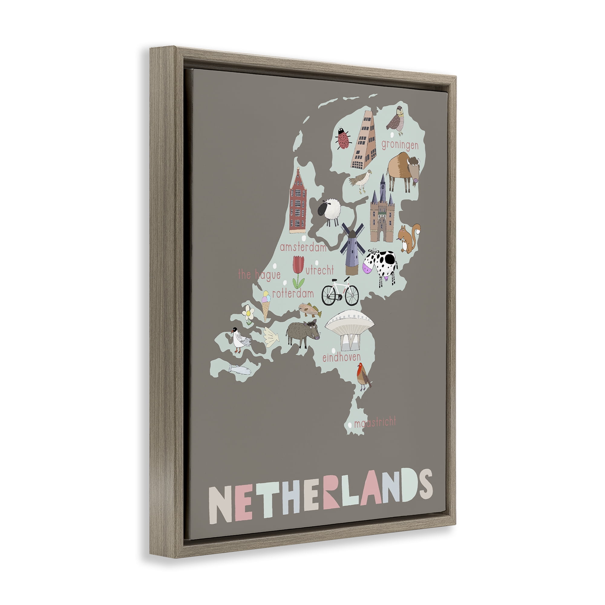 Kid's Map of Netherlands Brown Framed Floater Canvas Wall Art, design by Carla Daly