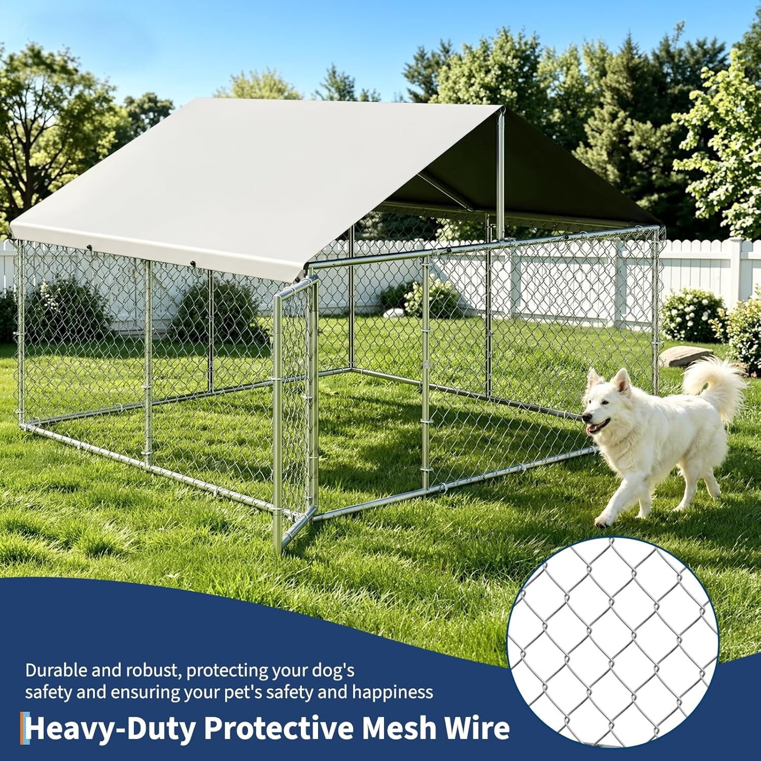 7.5×7.5×5.4 Ft Home Large Metal Outdoor Dog Kennel, Metal Wire Dog Enclosure with Waterproof Roof & Adjustable Bowls Feeder for Backyard Farm