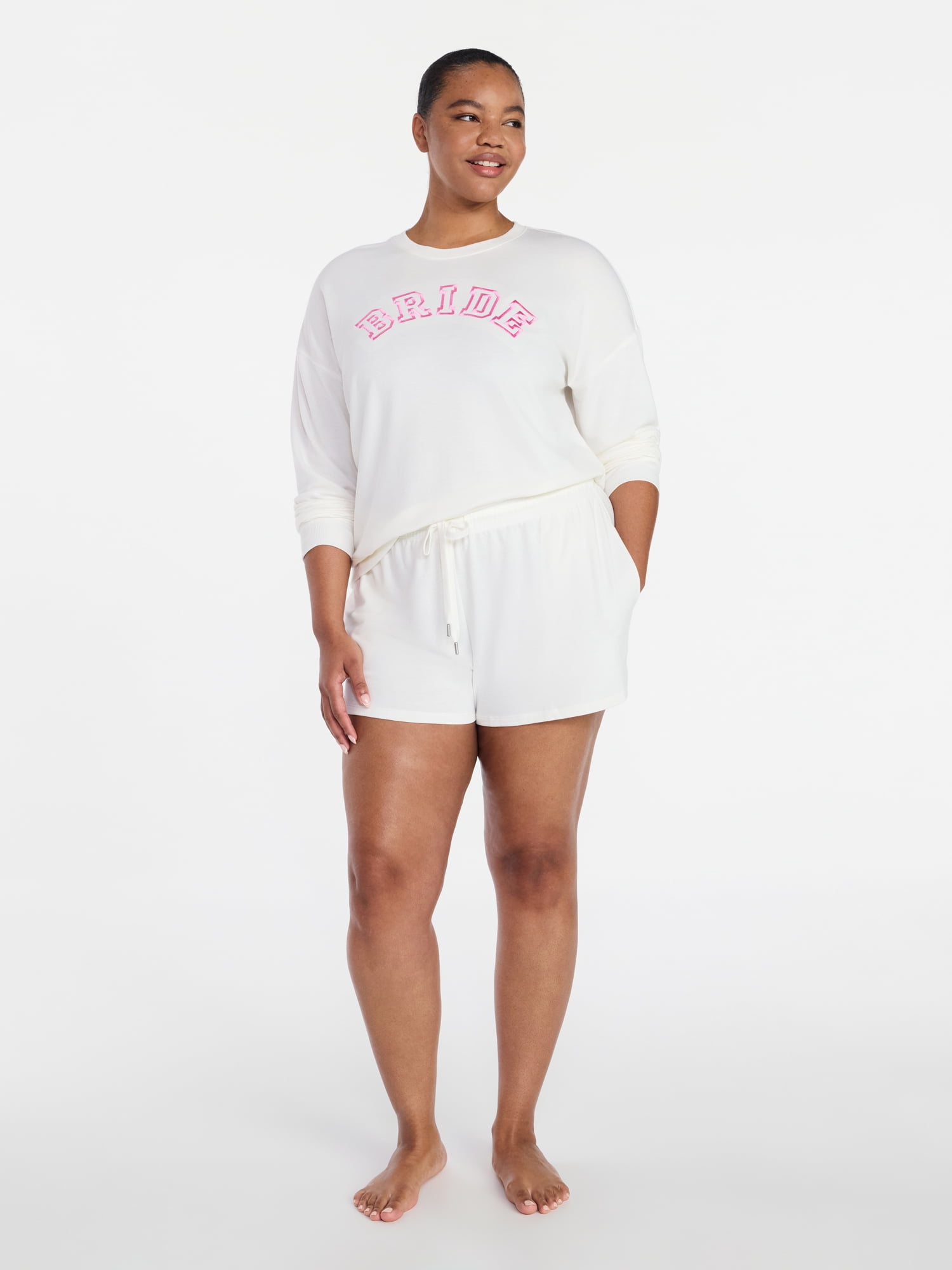 Joyspun Women's Bridal French Terry Knit Long Sleeve Top and Shorts Pajamas Set, Sizes XS-3X