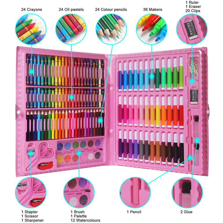 Art Supplies by Cokiki, 184-Piece Drawing Art Set, Princess Pink Gift Art  Kit with Colored Pencils,Crayons,Oil Pastels,Watercolor Paint Set,Creative
