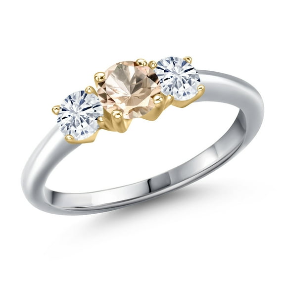 Gem Stone King 10K Two Tone Gold Peach Morganite and White Moissanite Engagement Ring for Women | 0.86 Cttw | Round 5MM | Gemstone October Birthstone | Size 8