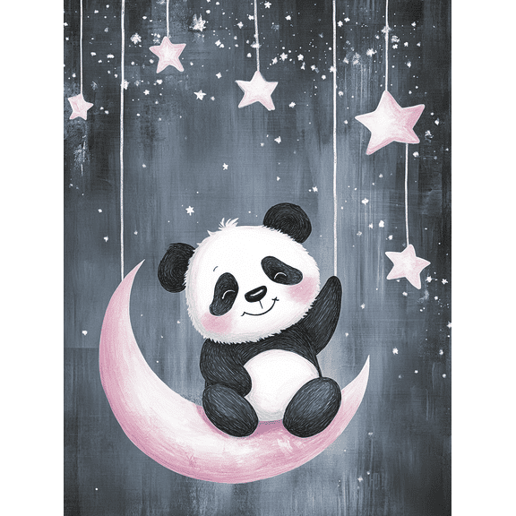 Cute Panda on Pink Moon Canvas Art Print，Suitable for Nursery Bedroom，Living Room，Kids Room，Playroom， and Girl's Room Decor.