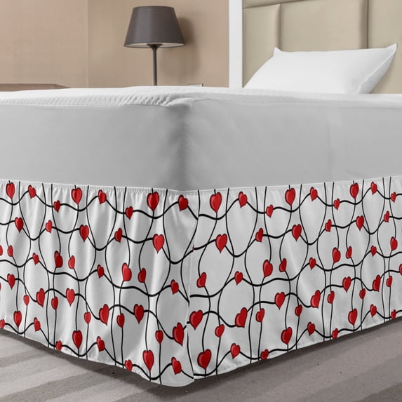 Valentines Bed Skirt, Geometric Themed Illustration with Lines and Hearts Romantic Valentines Day, Elastic Bedskirt Dust Ruffle Wrap Around for Bedding Decor, 4 Sizes, Red Black White, by Ambesonne