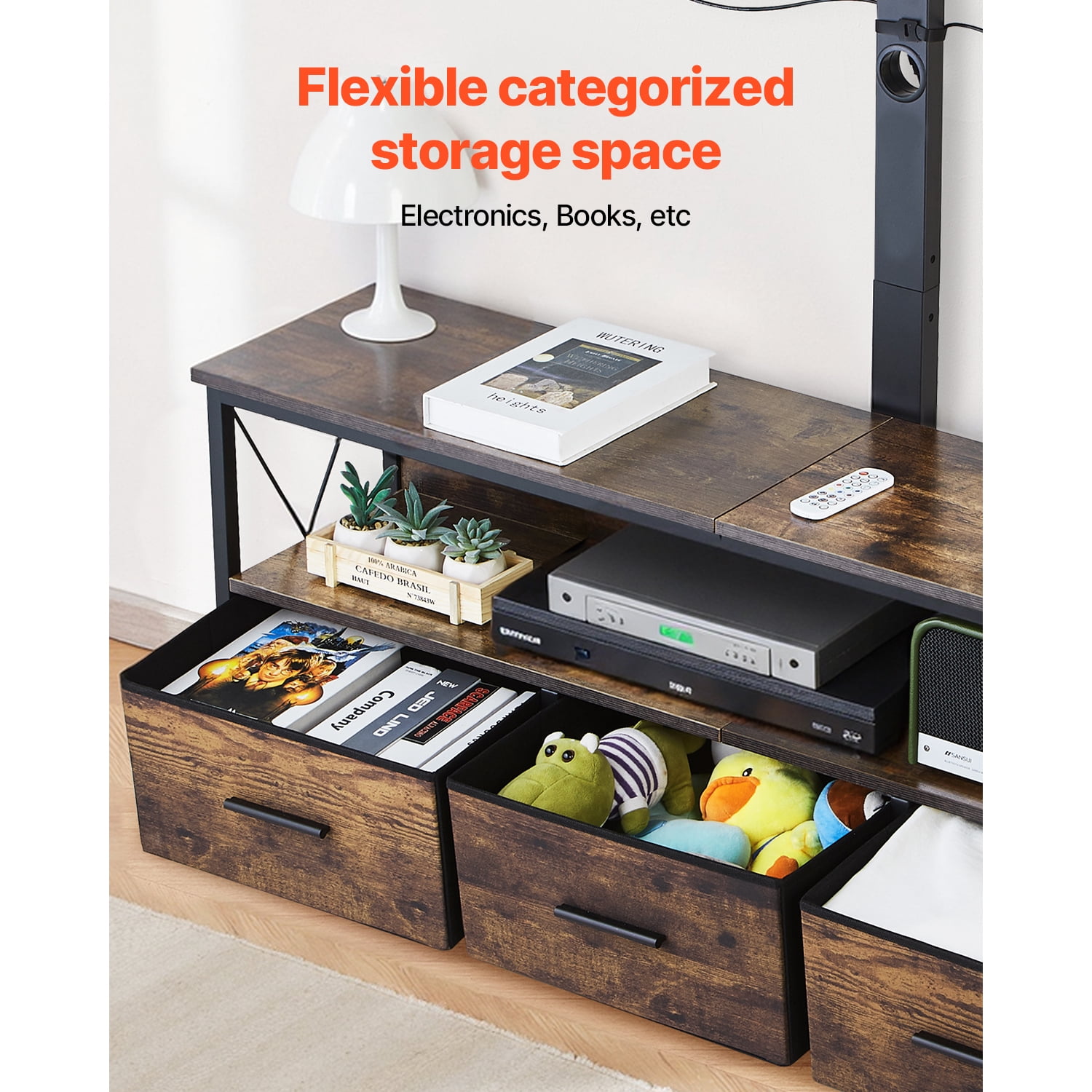KFFKFF 52" Television Stand Suits 32-75", TV Console with Power Outlet and LED Lighting, Swivel & Height Adjustable TV Mount, Ideal for Bedroom