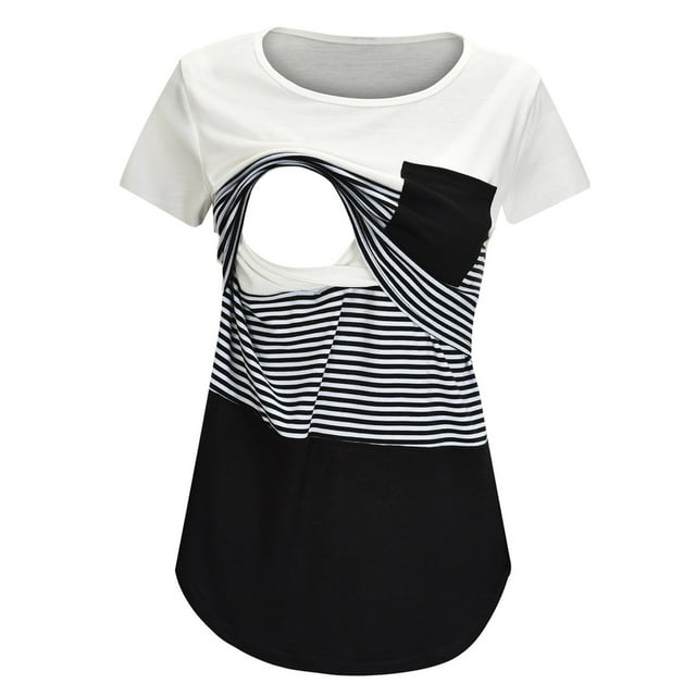 Icvfdpl Chemise de Maternité pour Femmes Manches Courtes Col Rond Rayé Imprimé Hauts d'Allaitement pour Grossesse Doux pour la Peau TG