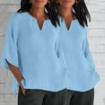 thumbnail image 2 of GigrtiJin 2pc Women's Plus Size Casual Shirt Fashion 3/4 Sleeve V-Neck Pullover Side-Slit Solid Color Cotton Linen Tops, 2 of 5