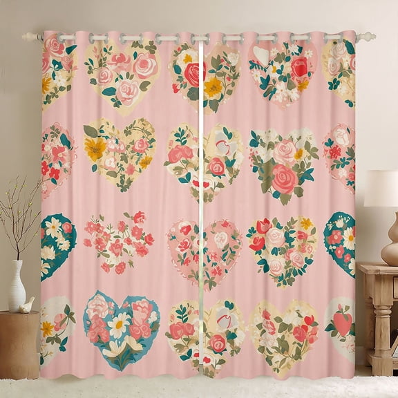 Feelyou Kawaii Love Heart Black Out Curtains for Teen, Anniversary Flower Floral Curtains Pack of 2 (42x63 Each), Girly Pink Cartoon Bedroom Curtains, Living Room Curtains Decor