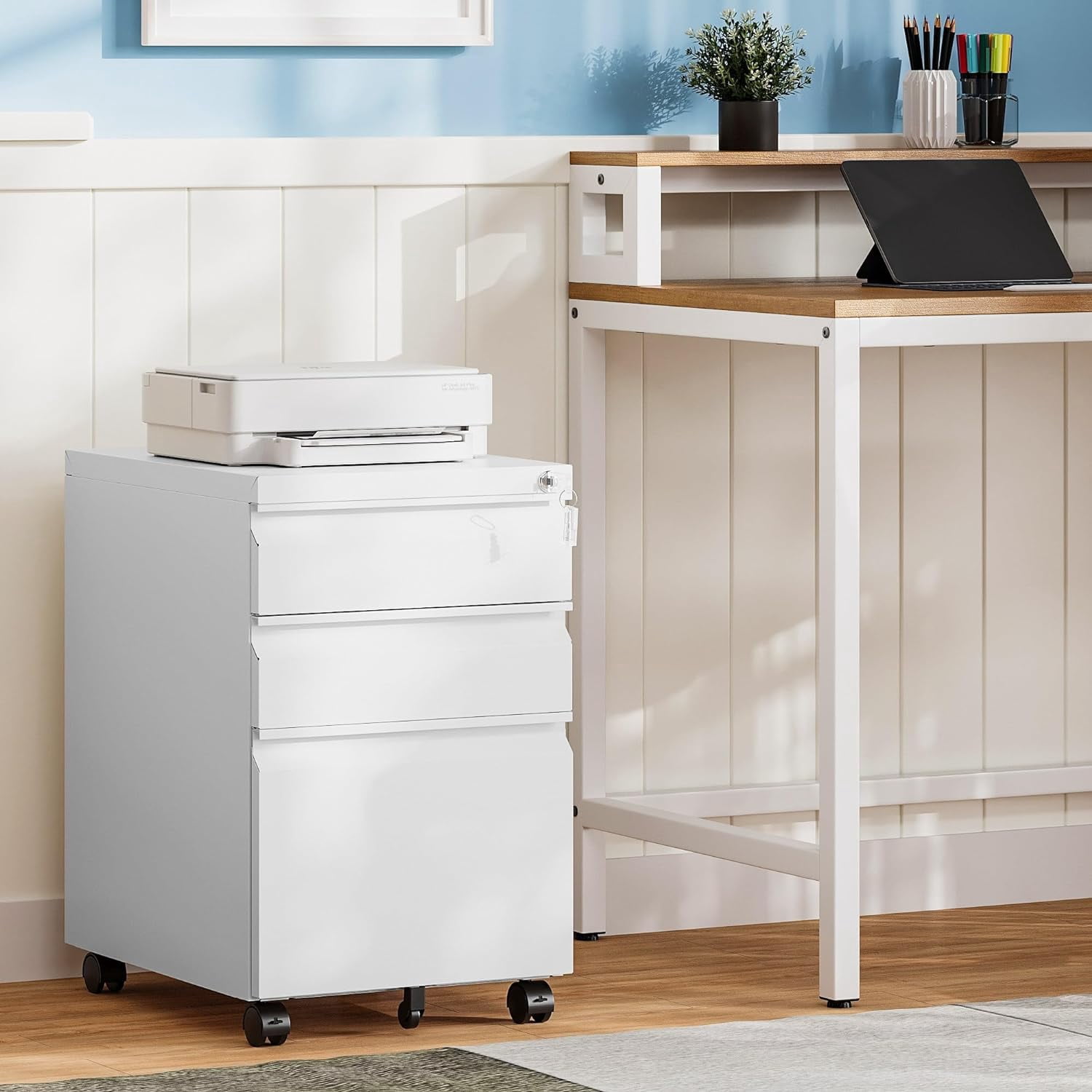 White Filing Cabinet 3 Drawers on Wheels Under Desk, Metal Rolling File Cabinet with Lock for Home Office, Small Mobile File Cabinet for Letter Legal File Folders, Un-Assembled