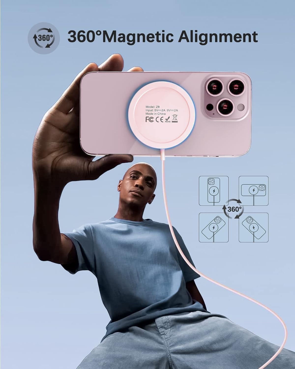 Magnetic Wireless Charger Fast Charging Pad, Compatible with iPhone 17/16/15 /14/13/12, AirPods 3/2/Pro/Pro 2, Dual Ports, LED, Pink