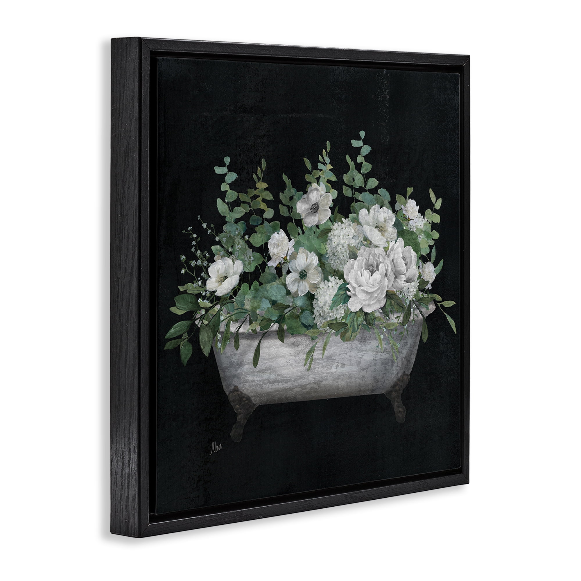 Stupell Industries Rustic Floral Bathtub Typography Painting Black Floater Framed Canvas Art Print Wall Art, 25 x 25