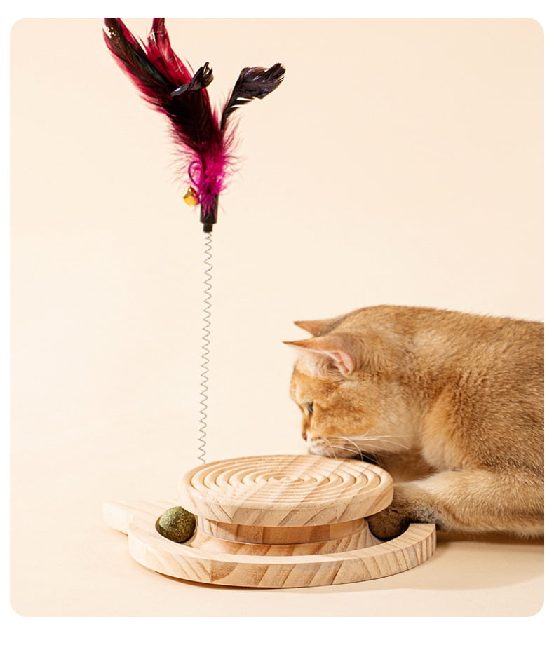 3-in-1 Natural Wood Cat Toy: Interactive Spinning Disk + Detachable Feather Wand + Catnip Balls – Safe, Paw-Friendly Indoor Cat Enrichment