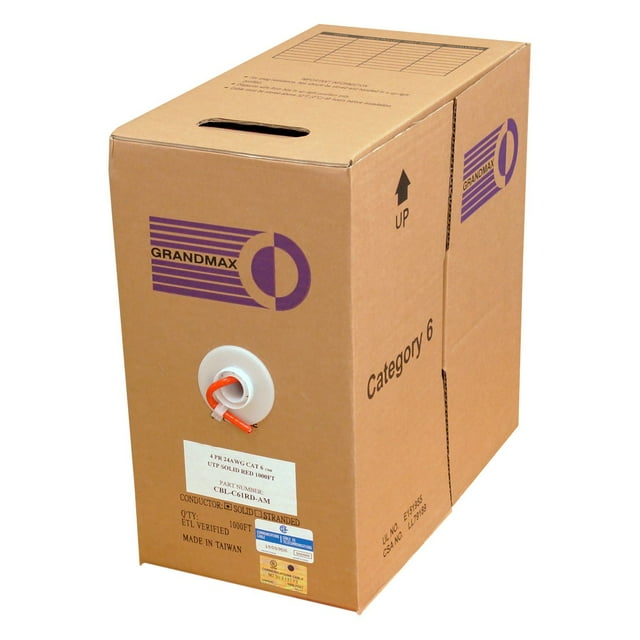 GRANDMAX CAT6 550MHz Solid PVC Bulk Cable, 1000ft, UTP Pull Box, CMR Rated, 100% Pure Copper, Multiple Colors Available, 4 Pair, 24 AWG/ 1000FT/ RED