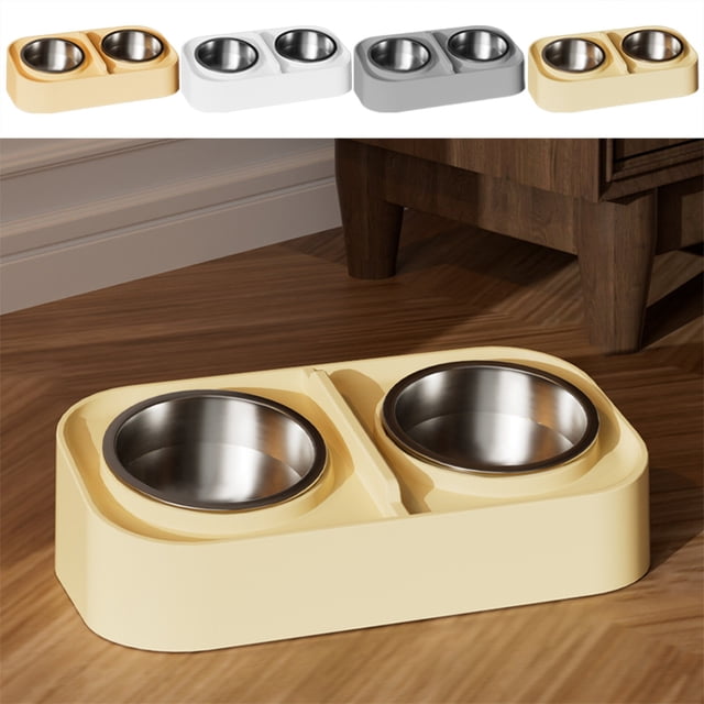 Ensemble de Bols pour Animaux en Acier Inoxydable, Double Distributeur d'Aliments et d'Eau, Fini Satiné, Base Lestée Antidérapante, Design Incliné pour une Alimentation Facile, Bols Amovibles Faciles à Nettoyer 36x19.5x9.5cm Blanc Gris Beige Jaune