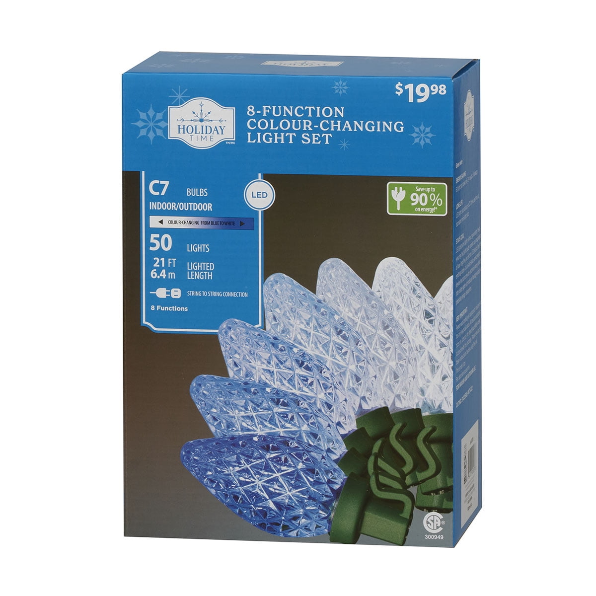 Holiday Time 50-Count LED Diamond-Cut C7 String Christmas Lights, Blue to Cool White, 6"(15.2 cm) bulb spacing