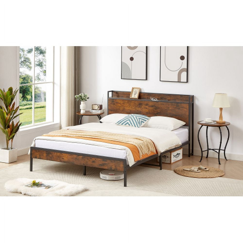 BSHTI Bed Frame with Charging Station Queen Size,Rustic Brown,87.80'' L x 61.80'' W x 39.2'' H