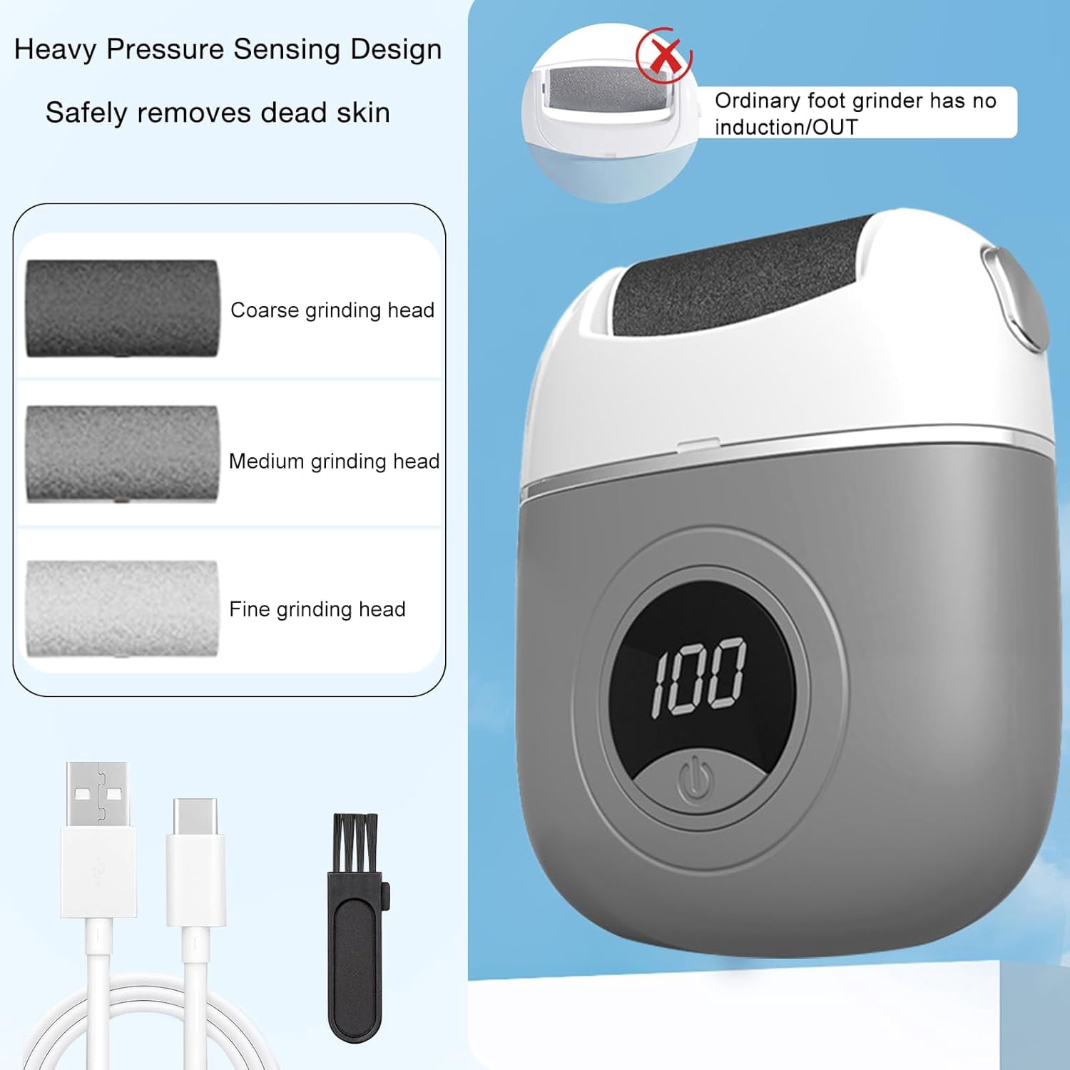 Upgrade Electric Foot File Callus Remover Digital Display 2 Speed With 3 Grinding Heads Foot Exfoliator Scrubber Grey