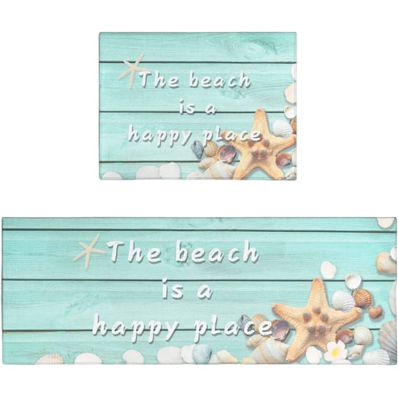 Coastal Kitchen Rugs - Kitchen Mat Set of 2, Blue Kitchen Rugs and Mats, Kitchen Sink Floor Mat, Non Slip Kitchen Rug Set, Ocean Beach Kitchen Decor Accessories, Kitchen Beach Mat 17x24 and 17x48 Inch