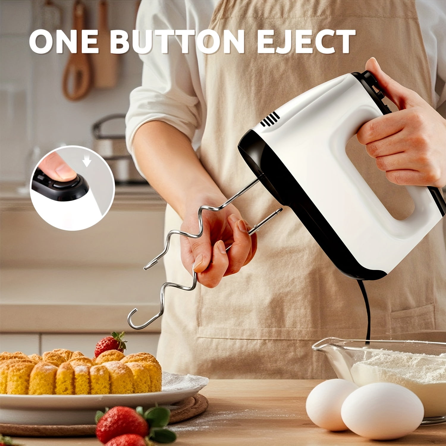 White Hand Mixer Electric, 6 Speed & Turbo Mixer Electric Handheld with Snap-On Storage Case, 5 Stainless Steel Accessories for Whipping, Mixing Cookies, Brownie, Cakes, Dough Batters