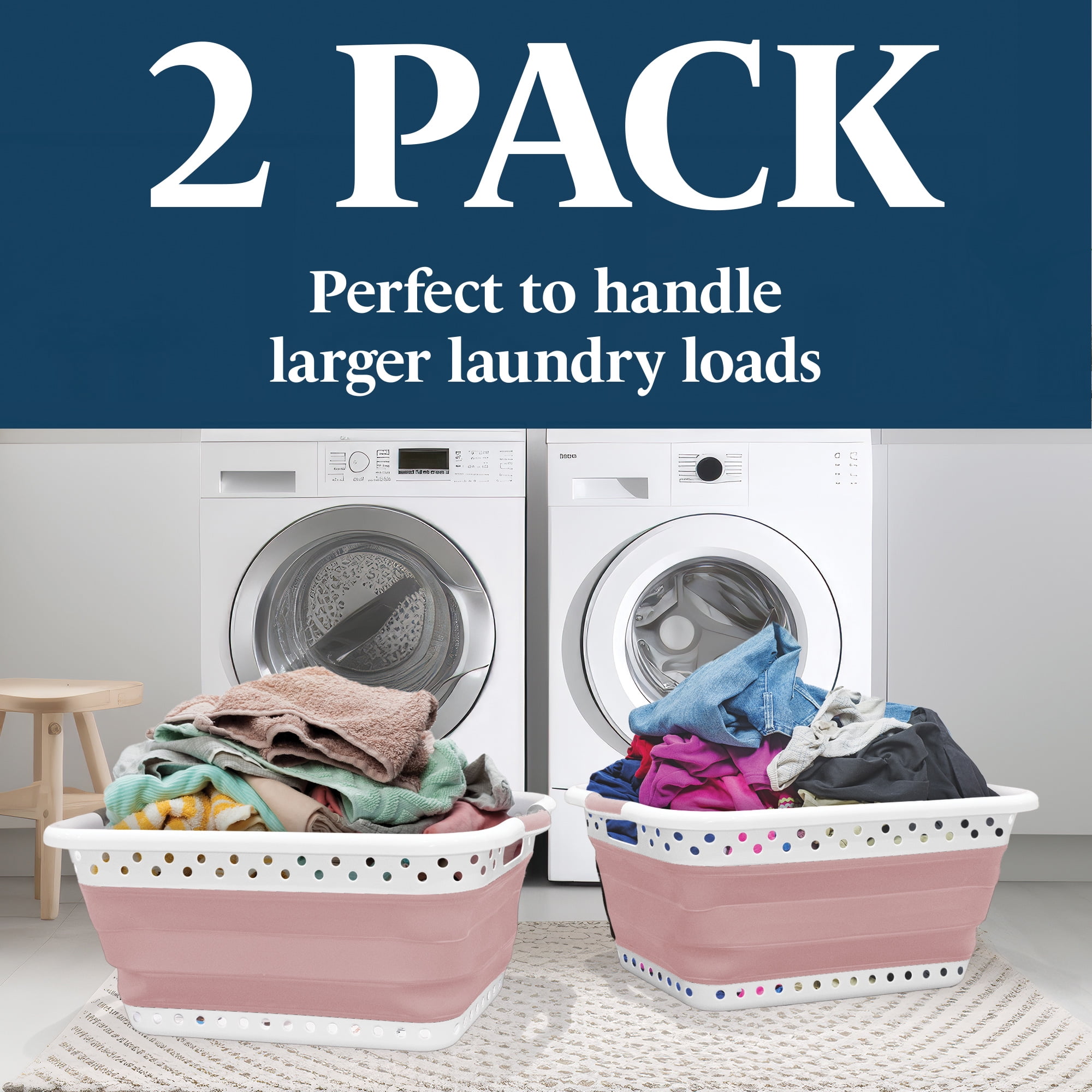 Blue Door Collapsible Laundry Basket Portable Pop Up Plastic Laundry Hamper with Dual Grip, 10.5-Gallon Pink 2pk