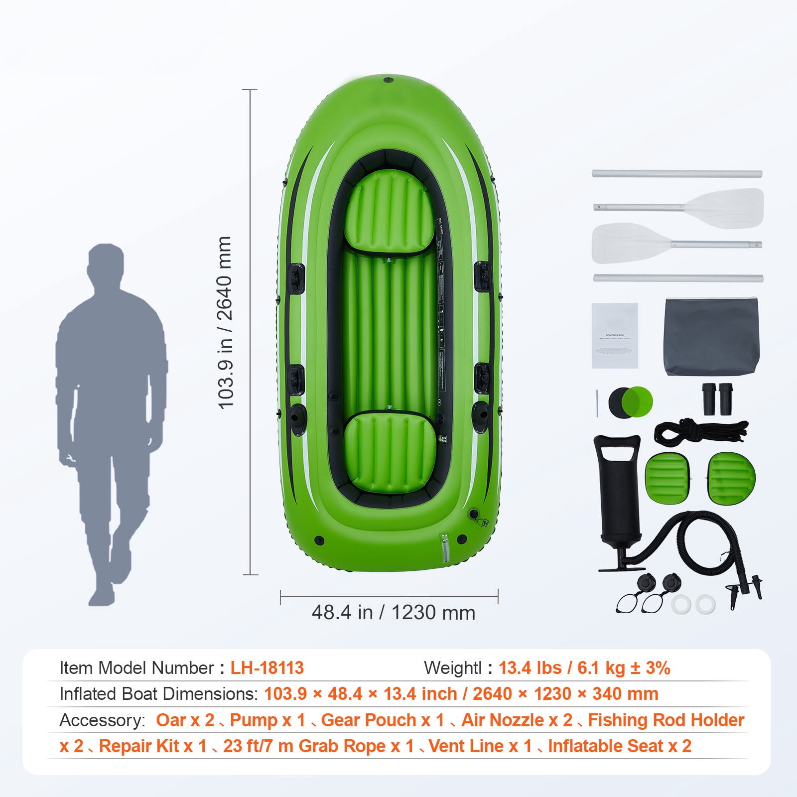 KFFKFF 3-Person PVC Inflatable Boat with Aluminum Oars and High-Output Pump