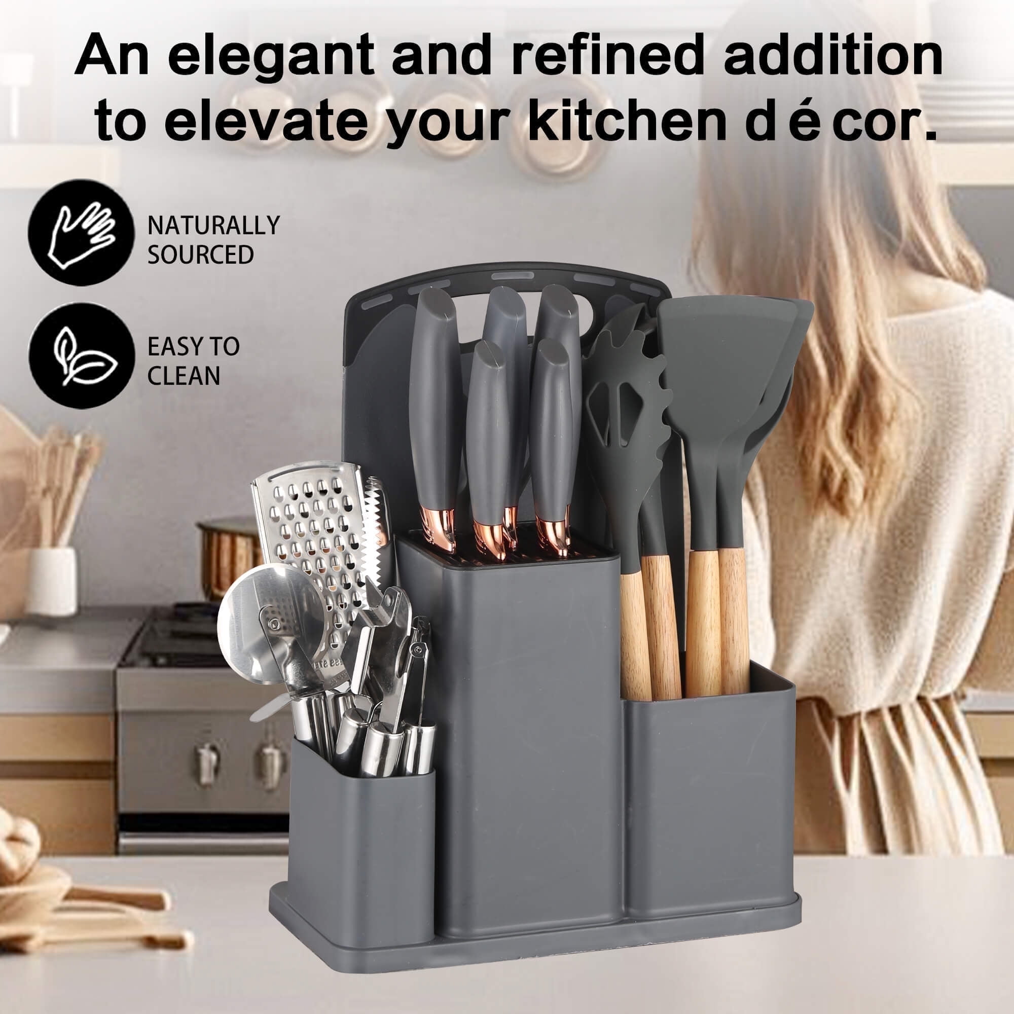 HEESEM 20 Pcs Silicone Stainless Steel Cooking Utensils Set -Multifunctional Kitchen Utensil Set - Gray