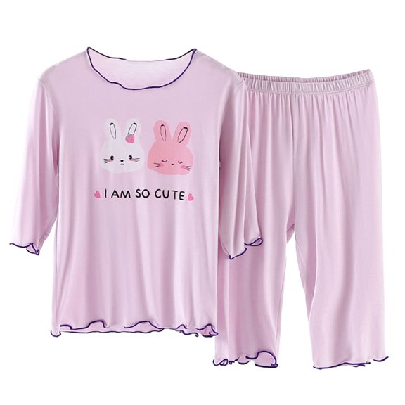 HAYIMI Child Girls Outfits Set Casual Summer Outfit Toddler Kids Round Neck Short Sleeve Tops With Elastic Waist Capri Pants Soft Comfortable Indoor Wear Cozy Cartoon Clothes Sets
